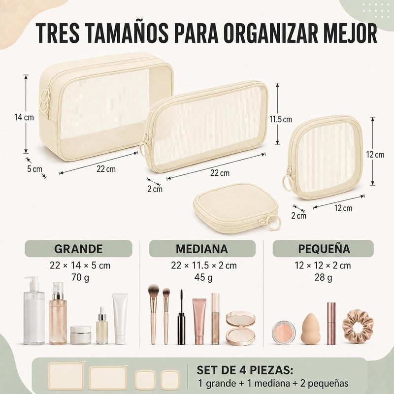 Set de 4 Bolsas de Maquillaje de Malla para Viaje,