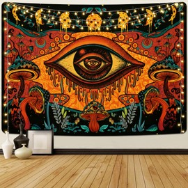 Uspring Hippie Mushroom Tapestry Abstract Eyes Tapesties Aesthetic Leaves Plant Tapestry Vintage Moon Phase Tapestry Wall Hanging for Room (51.2 × 59.1 inches)