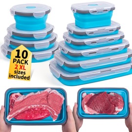 Collapsible Food Storage Containers with Lids 10 Pack(81oz/58oz Extra Large Included), 6 Rectangular+4 Round, Annaklin Silicone Collapsible Food Containers Sets Microwave Freezer Dishwasher Safe, Blue