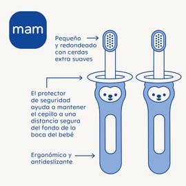 MAM Baby's Brush Set of 2 Short Handle Toothbrushes with Safety Ring for Babies 6 Months + Blue C148