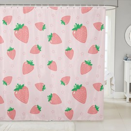 Strawberry Print Bathroom Curtain Kids Girls Kawaii Pink Strawberry Shower Curtain Cute Fruit Bath Curtains for Bathtubs Girl Stalls Decor Lightweight Waterproof Kids Bathroom Accessories 72"x78"