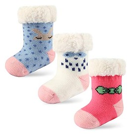 Wobon 3 Pairs Toddler Girl Sherpa-lined Fuzzy Socks Anti Skid with Grips, Baby Girl Christmas Socks Kids Slipper Socks (3 Pairs Girls, 4-6 Years)