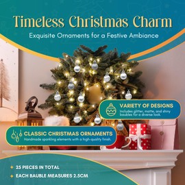 Festive Fix 25 Mini Christmas Tree Baubles in Silver – 2.5cm Mini Shatterproof Decorative Hanging Ornaments Balls for Xmas | Shiny, Matte and Glitter Pendants for Christmas Holiday or Party Decor