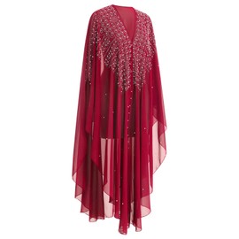 IBTOM CASTLE Muslim Dress for, Kaftan Abaya Chiffon Hooded Batwing Sleeved Beaded Embroidered with Modern Elegant Dubai Moroccan Caftan Arabic Party Wear Red-Circles One Size