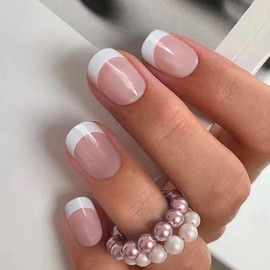 Curvlife Press on Nails 30Pcs Short Square French Natural Acrylic Fake Nails with Apricot Design Full Cover False Nails Glossy Nude Glue on Nails Artificial for Women