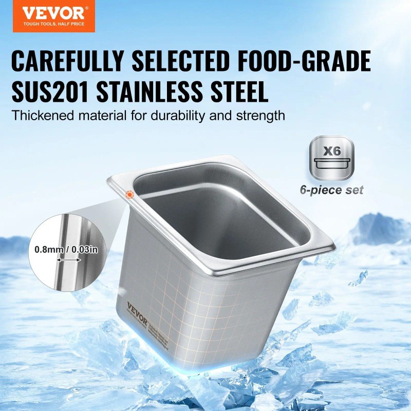1/6 Size Steam Pan 6 Inch Deep Stainless Steel Anti