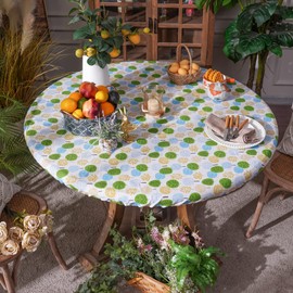 ARTABLE Round Table Cover Elastic Edges Fitted Tables Waterproof Vintage Flowers for Outdoor Camping Trip Patio Table (Green Leaf, 60''RD (48''-55''Table))