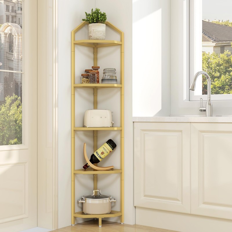 5 Tier Corner Shelf Stand, Gold Metal Frame Corner Shelf