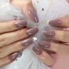 Medium Length Glossy Oval Fake Nails Light Purple Grey Press