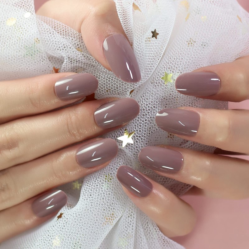 Medium Length Glossy Oval Fake Nails Light Purple Grey Press