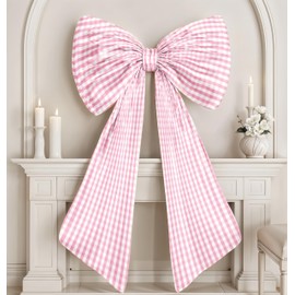 Big Pink Bow Decor Giant Pink White Checkered Coquette Bow for Birthday Party Decorations for Girls, Large Ribbon Tie Hanging Gift Coquette Wall Decor (Textured Cotton, Internal Stability Layer)