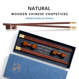 Hefild 2 Pairs of 9.2 Inch Reusable Chopsticks, Square-shaped Rest + Gold Fortune-tip Chopsticks, Wooden Cooking Reusable Chopsticks for Adults, Chinese Uncoated Chopsticks for Eating & Rests Gift Set