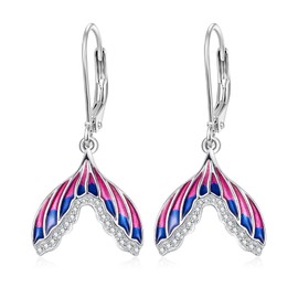 Dreamboat Sterling Silver Little Mermaid Earrings for Women Ocean Earrings Fish Earrings Fishtail Tail Earrings Leverback Earrings Dangle Summer Beach Hawaiian Ocean Jewelry Mermaid Gifts, Sterling