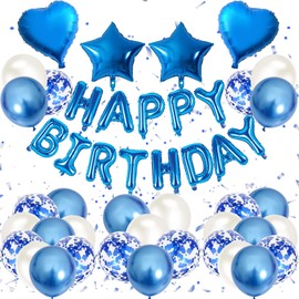 EXGOX Birthday Party Decorations + Balloons Set, Happy Birthday Garland, Heart Balloons, for Boys and Girls (Blue)