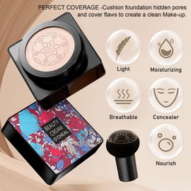 Mushroom Head Air Cushion CC Cream Foundation Cover Concealer, Long Lasting Moisturizing Brightening BB Cream with Mushroom Makeup Sponge, Full Coverage Foundation for Women Girls (Lvory)