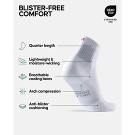 DANISH ENDURANCE Cushioned Running Socks for Long Distances, Quarter Length, Anti-Blister for Men & Women, 3 Pack, White, Large