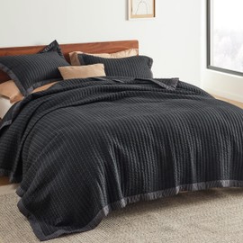 Bedsure Black Bedspread Coverlet Queen Size - Lightweight Soft Quilt Bedding Set for All Seasons, Corduroy Pattern Quilt Set, 3 Pieces, 1 Quilt (90"x96") & 2 Pillow Shams (20"x26"+2")