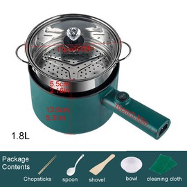 Electric Hot Pot,1.8L Household Rapid Noodles Cooker, Electric Cooker,Multifunctional Cooking Pot，Frying Pan,Mini Steamer,Non-Stick Casserole (Steamer Pot, Green)