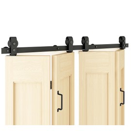 DIYHD 84" Bi-Fold Sliding Barn Door Hardware for 4 Doors,Fit Max Door Width 80",Smooth and Quietly Top Mount Folding Roller,Rustic Black,(No Doors)