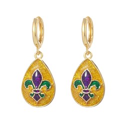 coadipress Mardi Gras Earrings Hoops for Women Dainty Fleur De Lis Feather Mask Crown Jester Hat Hoop Earrings Carnival Dangling Earrings Fat Tuesday Jewelry Accessories (Teardrop)