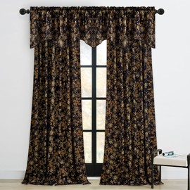StangH Luxury Floral Printed Valance for Kitchen Window, Light Blocking Rod Pocket Velvet Drape Gold Scalloped Tier Curtain for Bedroom Living Room, W52 x L18, 1 Panel