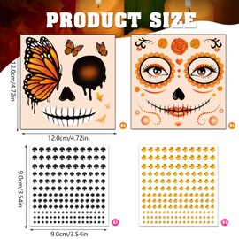 HOWAF Day of the Dead Face Tattoos, Orange Dia De Los Muertos Face Tattoo 2 Marigold Flowers Butterfly Face Temporary Tattoos with 2 Sheets Jewels Sticker for Dia De Los Muertos Costume Accessories