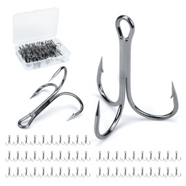 Piscorush 50 Pcs Triple Hook Set Angled Band 1X Treble Hooks with Case Round High Carbon Steel Hooks for Lures 3 Needles (Black Nickel Treated, #2/0 50pcs)