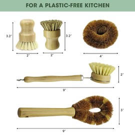 5 Pieces Bamboo Dish Brush Set for Eco-Friendly Home - Wooden Dish Scrubbers, Sustainable Kitchen Cleaning Set, Natural Bristle Dish Brushes for Pots Pans Bottles