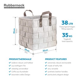 Rubberneck Felt Bag with Faux Leather Carry Handles for Wood, Newspapers, Firewood, 33 x 33 x 35 cm, Light Grey