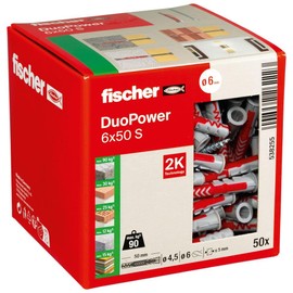Fischer Duopower 6 x 50 S, Universal Dowels with Safety Screw, 2-Component Dowels, Plastic Dowels for Mounting in Concrete, Bricks, Stone, Plasterboard and much more, 50 Dowels + 50 Screws
