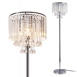 beaysyty Modern Elegance Crystal Floor Lamp, On/Off Foot Switch, Crystal & Glass 3-Lights Standing Light, Reading Corner Lamp for Office Cafe, Den, Living Room Bedroom Chrome Finish