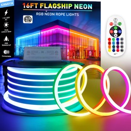 KANAYA 16ft RGB Led Neon Rope Lights, ETL Listed AC 110-120V Multi-Color Neon Light Strip Dimmable with Remote, IP65 Waterproof Connectable Flexible Neon Rope for Home Building Indoor Outdoor Decor