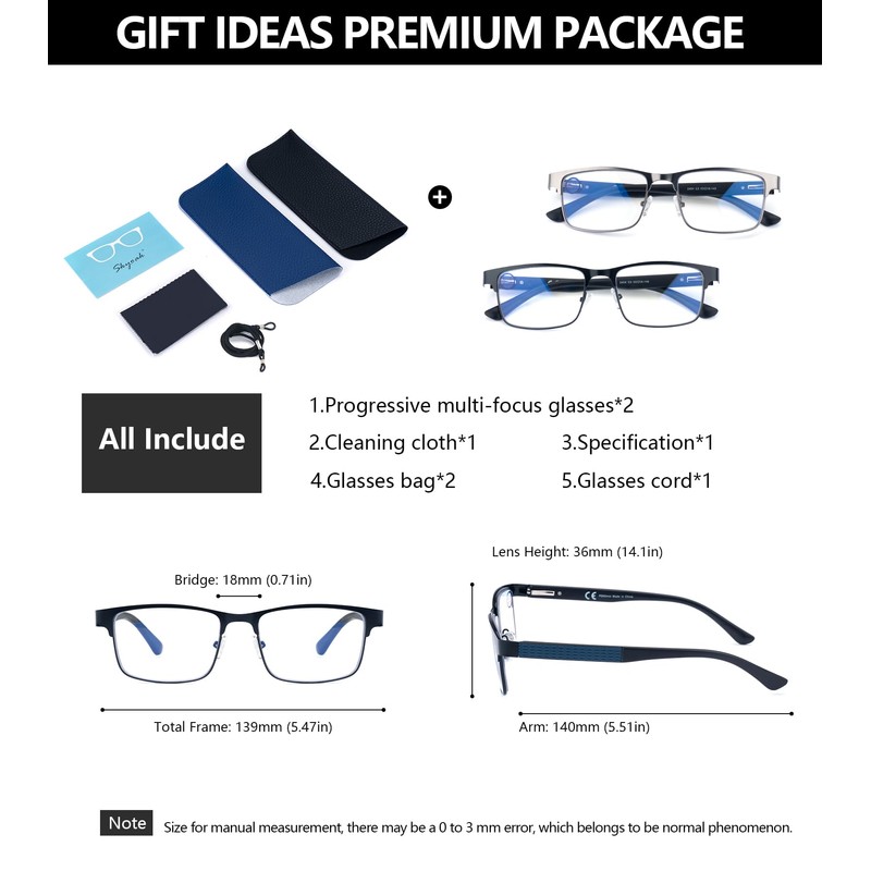 SKYOAK 2 Pack Refined Progressive Multifocus Reading Glasses Men, Blue