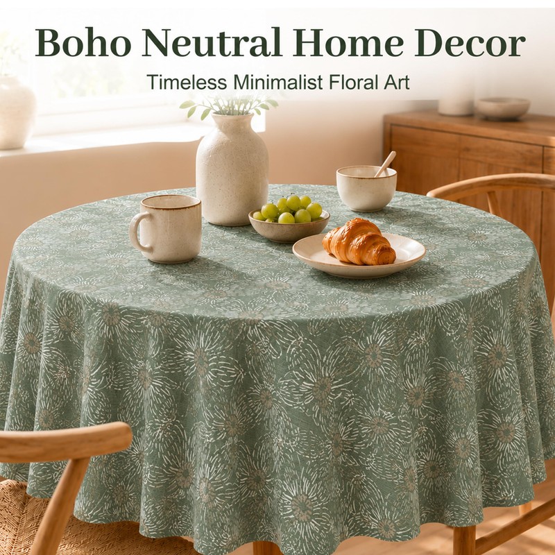 Sage Green Round Tablecloth, Abstract Floral Design, 70 in