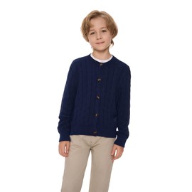 SMILING PINKER Girls' Aran Cardigan, Boys, Children, Knitted Crew Neck, Cotton, Chunky Pullover Jacket with Button, navy