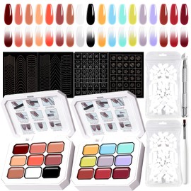 U-Shinein Gradient Painting Gel Set, 9 Colour Mixing Gel Nail Polish *2 Nail Sponge and a Metal Grabber and French Stickers Brush Ombre Nails Aura Nails, French Manicure DIY Nail Art Home Salon