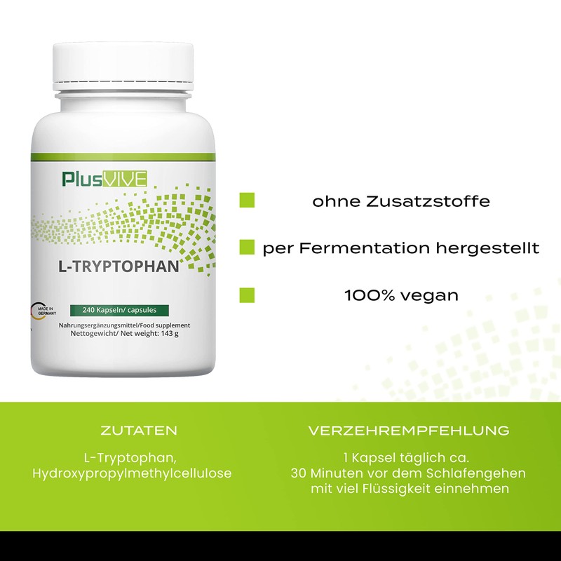 Plusvive L-Tryptophan 240 Capsules - High Dose with 500 mg