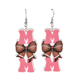 Mother's Day Mom Letter Sports Ball Wooden Dangle Earrings Vintage Handmade Baseball Basketball Volleyball Softball Football Soccer Bowknot Shape Lightweight Wood Earrings for Mom Mama-Football