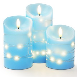 Homemory Flameless Candles with String Lights, 3 Pack Embedded Fairy String Lights LED Candles, Electric Flickering Candles with Remote Control and Timer, Real Wax, Blue