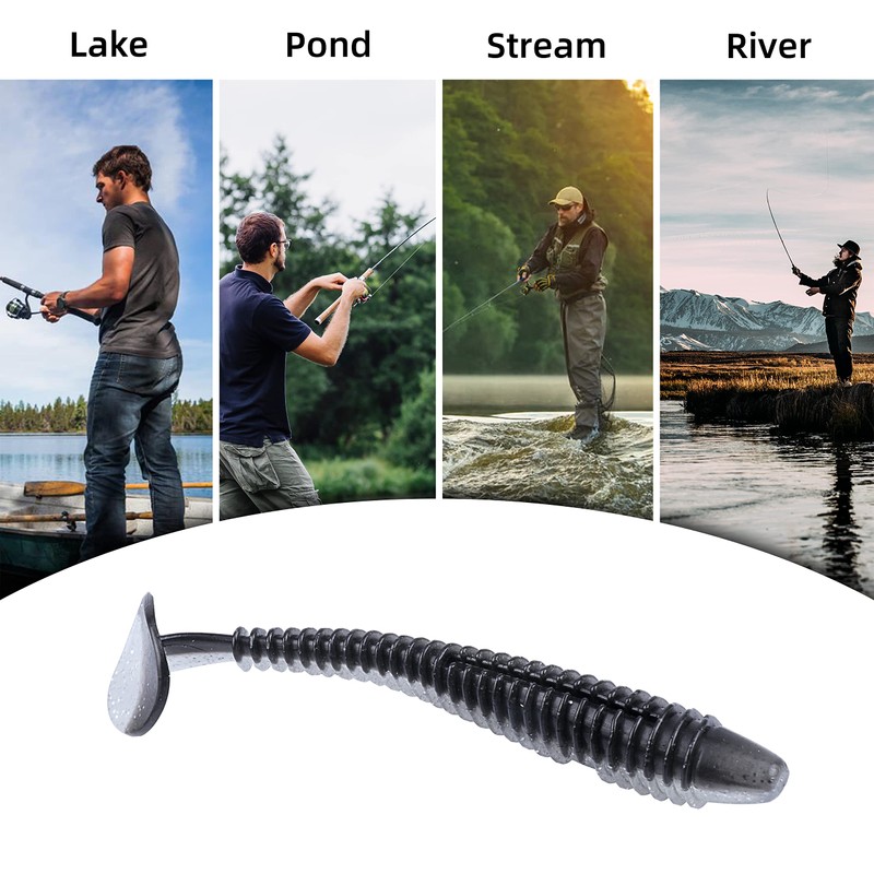 RUNCL ProBite Paddle Tail Swimbaits Black Silver, Soft Fishing Lures