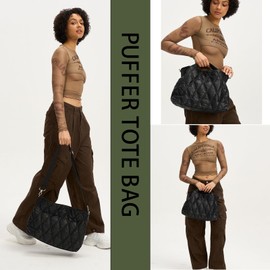 OWGSEE Quilted Tote Bag for Women, Soft Trendy Puffer Tote Bag Crossbody Bags Purse with Removable Long Shoulder Strap (Black)