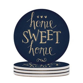 Mr.Tom Coasters for Drinks Vintage Home Sweet Home Navy Blue, Set of 4, 4 inch Absorbent Diatomite Ceramics Coasters with Cork Base, Tabletop Protection, Suitable for Dining Tables, Desks
