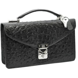 Bliss Leather Ostrich Embossed Second Bag, Integrated Wallet Bag, Genuine Leather, Cowhide Leather, Handle Included, Black