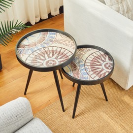Glitzhome Nesting Coffee Table Set of 2 Morden Round Endtable with Tray Top, 18.25" D x 21" H, Polygonal Star Pattern