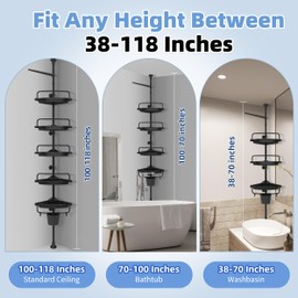 Kintorex Corner Shower Caddy Tension Pole – Adjustable Height (38-118 inch), 5 Tier Shelf Bathtub Organizers and Storage – Includes Towel Rack, Tooth Brush Holder and Suction Cups