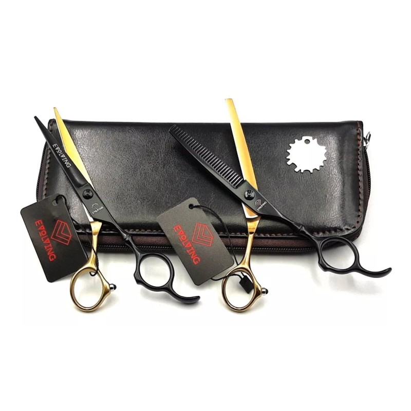 EVOLVING Kit Tijeras Profesional Japones Negro-dorado Barberia
