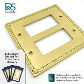 Rio Salto Sunken Pearls Vibrant Yellow Gold Metal Metal Double Rocker Decora Decorator Double Light Switch Outlet Cover Wall Plate Receptacle Beaded Wallplate (Brushed Brass, 2-Gang Rocker)