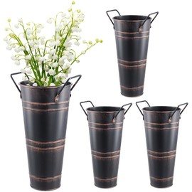 JEUIHAU 4 Pack 9 Inch Galvanized Metal Vases, Farmhouse French Bucket with Handles, Rustic Flower Buckets for Flower Arrangement, Home and Wedding Decor, Black