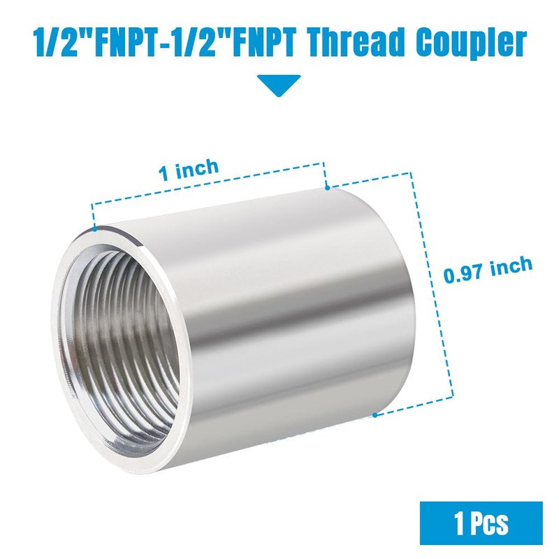 Quickun 304 Stainless Steel Pipe Coupling Fitting, 1/2" x 1/2"