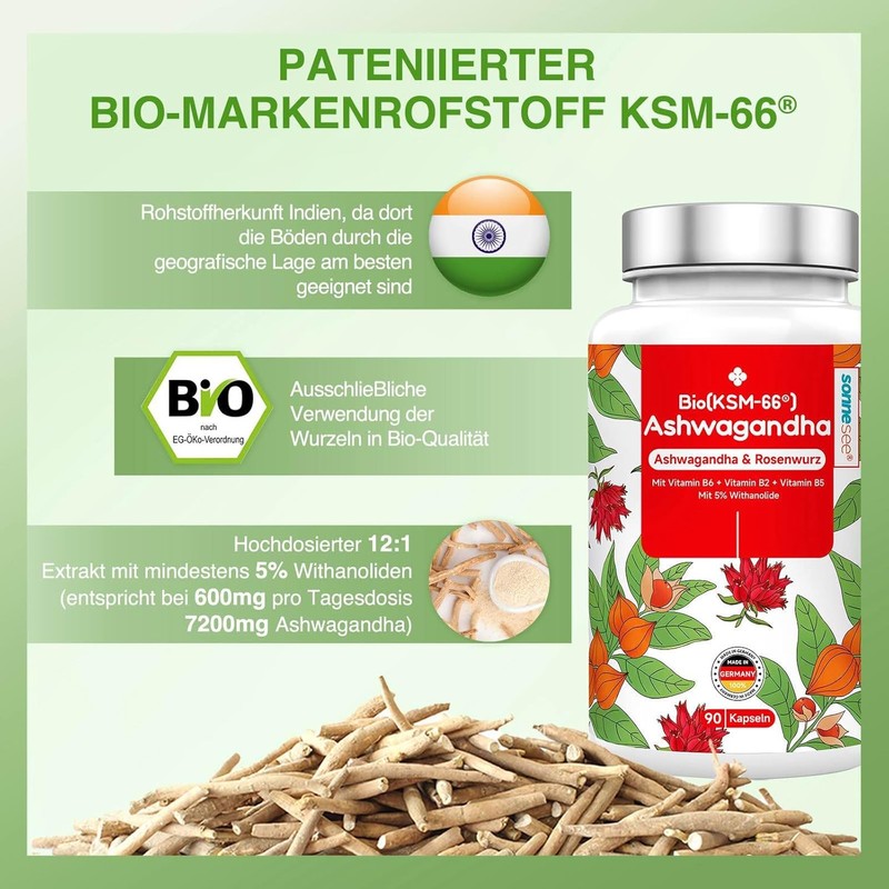 Organic Ashwagandha KSM-66 Rose Root 5 Times per Day 1200